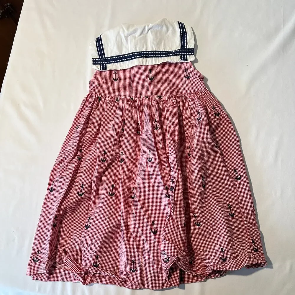 Vintage 90s Funtasia! Too Dallas Embroidered Red Gingham Anchor Sailor Dress S 4